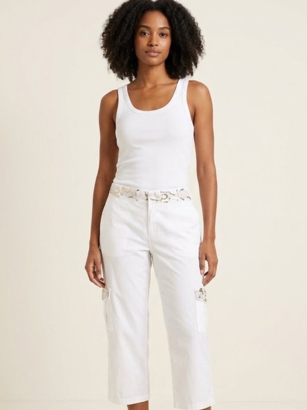 Y2K Zoe Beth White McBling Streetwear Fashion Embellished Cargo Capri Pants- XL
